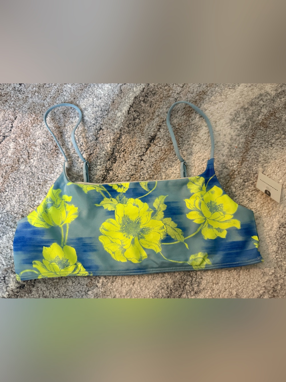 Womens Floral Swim Top - Blue with Neon Yellow Flowers xxs/xs